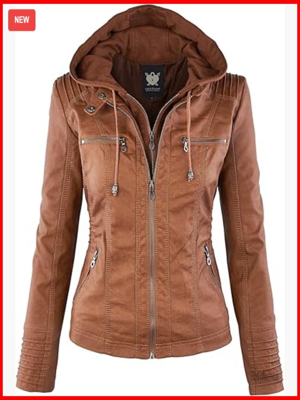 Women's Faux Leather Moto Biker Jacket with Removable Hood
